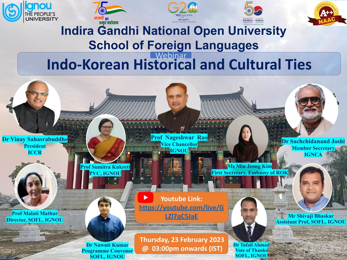 SOFL, <a href="/IGNOU/">IGNOU</a> is planning to organize webinars on various aspects of India-Korea relations. The first, “ Indo-Korean Historical and Cultural Ties” will be held on 23rd Feb, 2023 <a href="/3pm/">Sexual GIF</a> 

Plz Join Us
youtube.com/live/GLZl7qC5J…

<a href="/iccr_hq/">ICCR</a> <a href="/Vinay1011/">Vinay Sahasrabuddhe</a> <a href="/IgnouVc/">VC, IGNOU</a> <a href="/Sachchida_Joshi/">Sachchidanand Joshi</a> <a href="/ignca_delhi/">Indira Gandhi National Centre for the Arts</a>