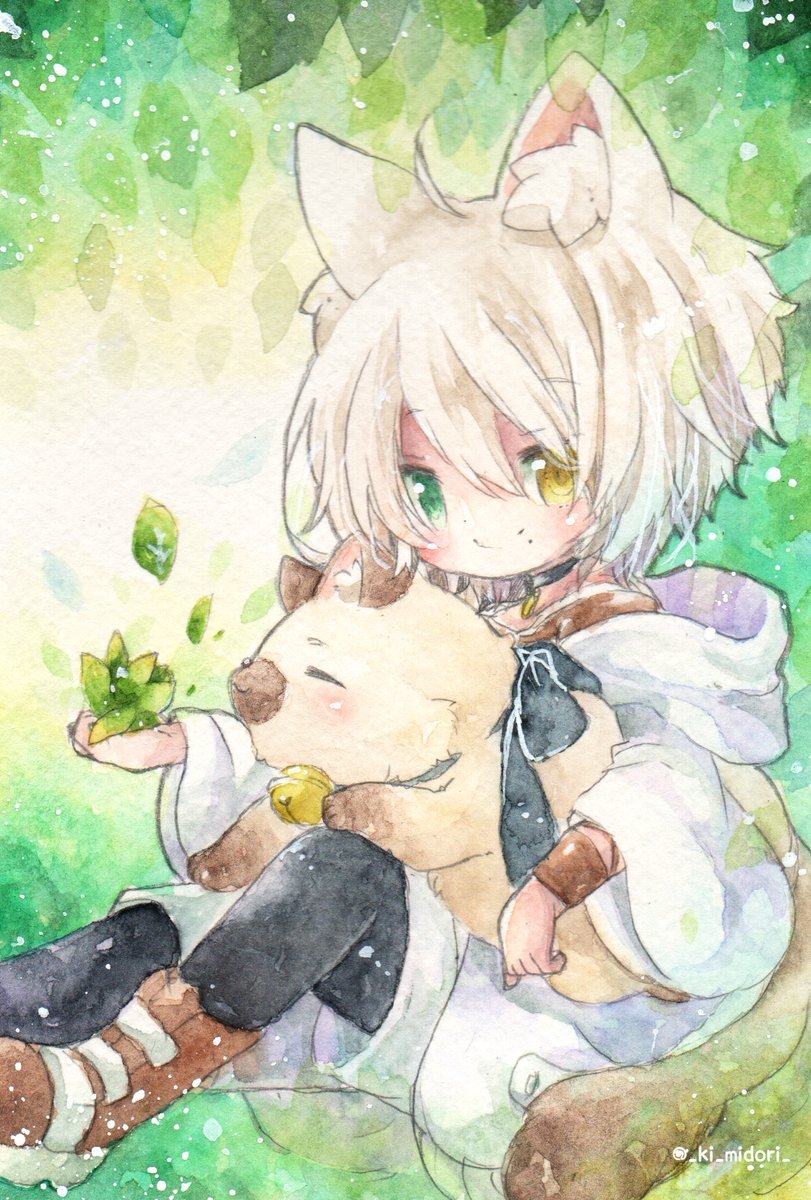 heterochromia animal ears cat ears 1boy male focus tail cat boy  illustration images