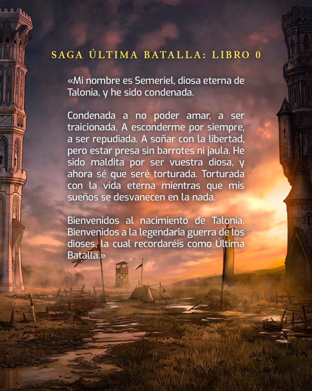 Casi a punto para ser publicada #LaPrimeraBatalla. El libro por el que empezar la trilogía #SagaÚltimaBatalla.
He aquí la sinopsis. Esperanza, ambición, amor, corrupción y un bando que elegir entre los falsos dioses. 
¿Me apoyas con un RT?