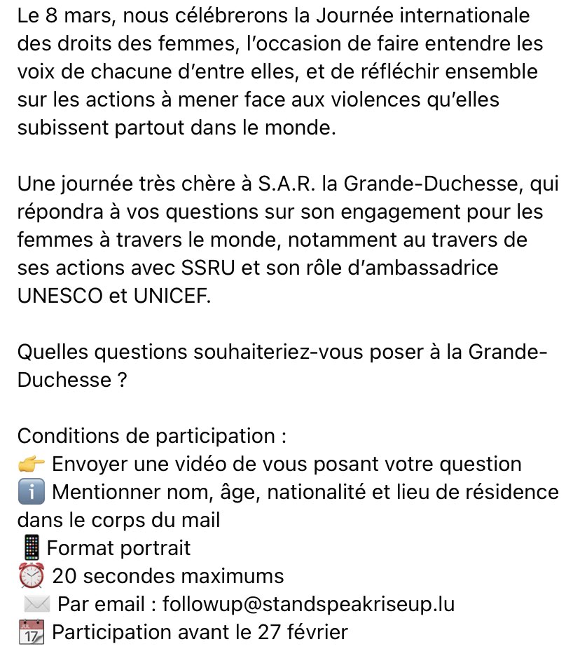 Grande-Duchesse Maria Teresa (@mariateresa_lux) on Twitter photo đ« 8 mars
Journée internationale des droits des femmes
Posez vos questions Ă la Grande-Duchesse !
#8mars <a href="/StandSpeakRise/">Stand Speak Rise Up</a> đ« 8 mars
Journée internationale des droits des femmes
Posez vos questions Ă la Grande-Duchesse !
#8mars <a href="/StandSpeakRise/">Stand Speak Rise Up</a>