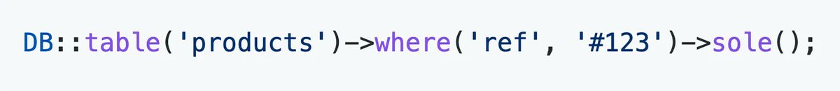 PovilasKorop's tweet photo. Laravel tip: find ONLY single record.

The sole() method will return only one record that matches the criteria. If no such entry is found, then a NoRecordsFoundException will be thrown. If multiple records are found, then a MultipleRecordsFoundException will be thrown. https://t.co/GCy6TeHwSx