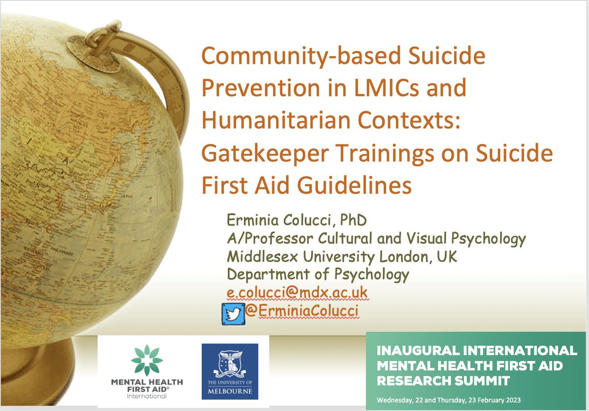 Just finished my presentation for the 1st <a href="/MHFA_Australia/">Mental Health First Aid Australia</a> International Summit providing a quick overview of the Suicide First Aid Guidelines work I led in the last decade+
Lovely to see old friends and my old 'home' @UniMelb Miss you all, thanks for all we shared!
<a href="/MiddlesexUni/">Middlesex University</a>