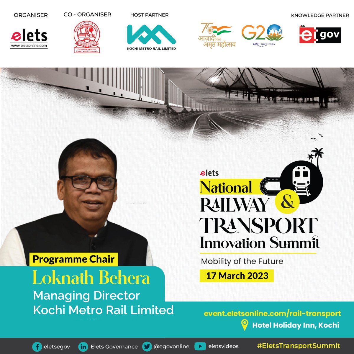 egovonline's tweet photo. We are pleased to welcome Loknath Behera, Managing Director, Kochi Metro Rail Limited as a Programme Chair at Elets National Railway &amp; Transport Innovation Summit.

Express your interest: https://t.co/pRqYRRKHnF

#EletsTransportSummit #InnovationinTransportation

@MetroRailKochi https://t.co/ARoSpOi9FW