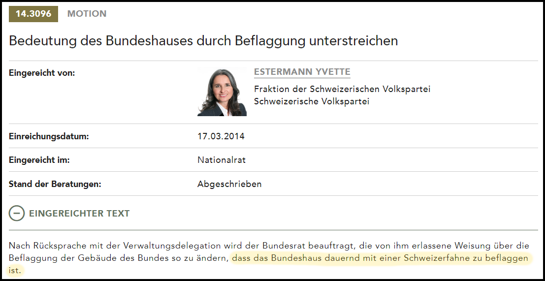 zeidgenosse's tweet photo. Yvette Estermann von der SVP tritt nach 16 Jahren Nationalrat zurück. Ihr parlamentarisches Vermächtnis: Ein einziger angenommener Vorstoss, der verlangt, dass das Bundeshaus dauernd mit einer Schweizerfahne zu beflaggen ist. 🇨🇭🫶 https://t.co/7KcVwwW4sc