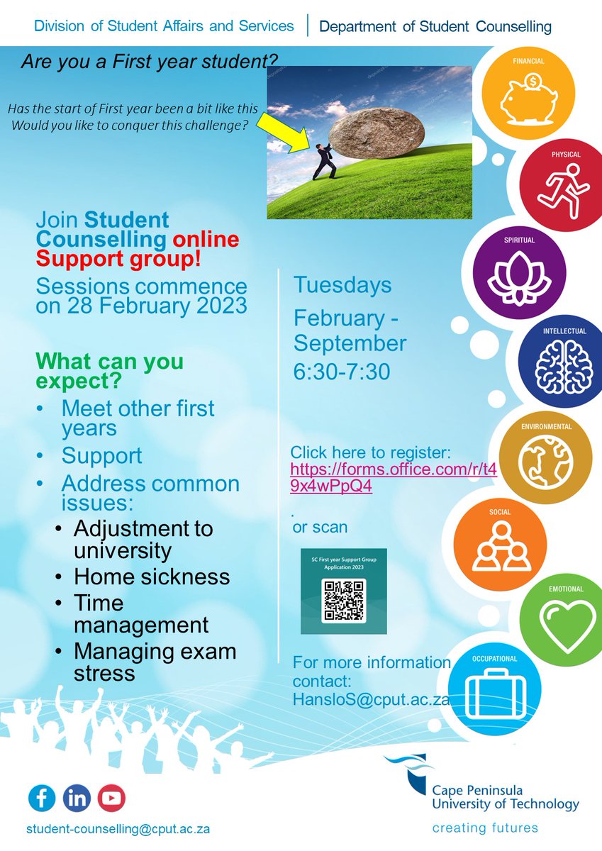 cputstudents's tweet photo. Are you a First year student?

Join Student Counselling online Support group! 
Sessions commence on 28 February 2023

Click here to register: https://t.co/cXpVjDwMnN 

For more information contact: HansloS@cput.ac.za https://t.co/IoH9P2fjJQ