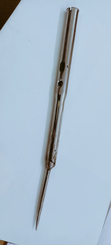 Steinmann pin into Interlocking Nail..

Welding done
Use- In govt colleges, to make holes into the files... 
#innovation is everywhere
#orthotwitter #MedTwitter #MedStudentTwitter #orthopedics #Science #mechanic #jugaadmotionpictures #jugad #MedEd #Medical #orthopedics