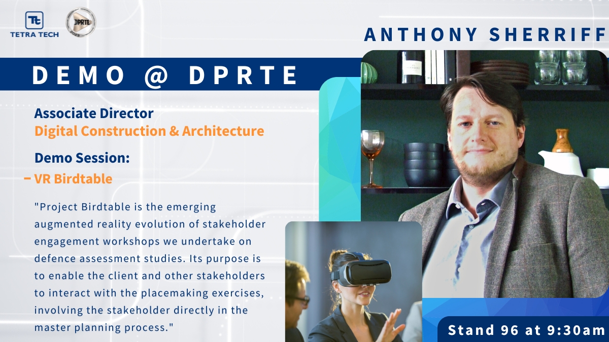 Announcing our first demo session for <a href="/DPRTE/">DPRTE 2026</a> 2023!
 
Anthony Sherriff will be hosting a demo session at our stand (96) at 9:30am showcasing VR Birdtable technology.
 
#leadingwithscience #virtualreality #digitalconstruction #digitalarchitecture #technology