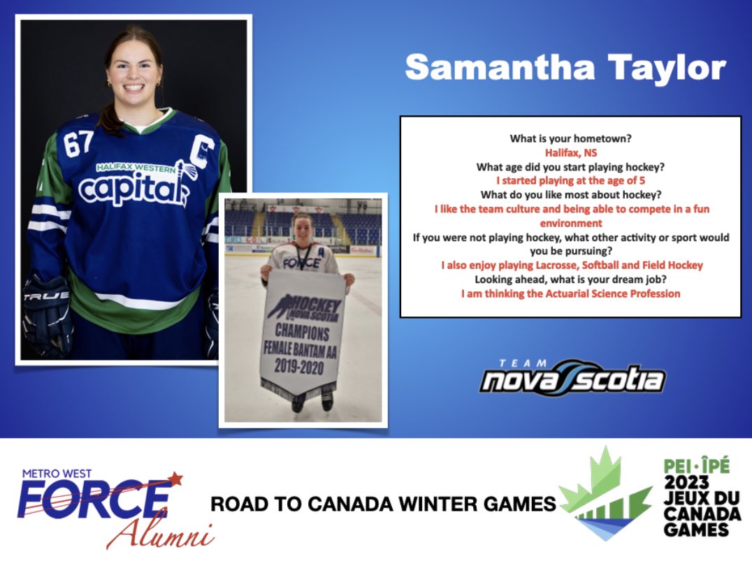 Metro West Force (@metrowestforce) on Twitter photo Day #7 of showcasing #mwfalumni on their way to the <a href="/2023CanadaGames/">2023 Jeux du Canada Games</a> - and what a night it was for Samantha Taylor with 2 🚨 in Game 5 of the MMFHL playoffs!
<a href="/HockeyNS/">Hockey Nova Scotia</a> Day #7 of showcasing #mwfalumni on their way to the <a href="/2023CanadaGames/">2023 Jeux du Canada Games</a> - and what a night it was for Samantha Taylor with 2 🚨 in Game 5 of the MMFHL playoffs!
<a href="/HockeyNS/">Hockey Nova Scotia</a>