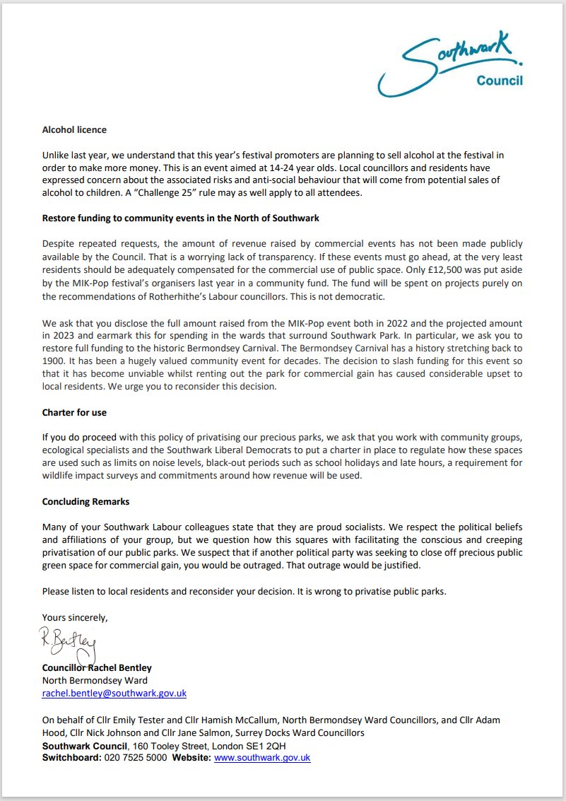 Southwark Lib Dem Cllr @RachelBentleyNB has written an open letter to the Labour council objecting to the use of Southwark Park for the MIK-Pop Festival.

Southwark Labour must stop using public parks for private gain. 🌲

#SouthwarkPark #MIKFESTIVAL #LibDems