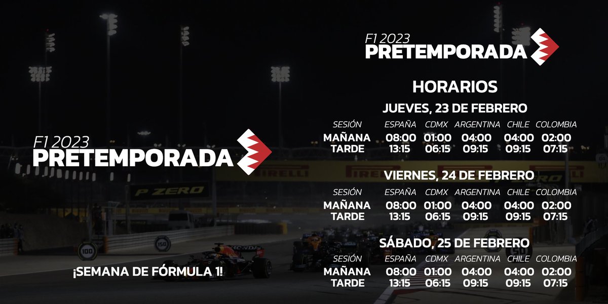 🏁 H O R A R I O S 🏁

¡Es mañana! ¡Mañana vuelve la Fórmula 1! 😍

Todavía no toca Gran Premio, pero tenemos la pretemporada en Baréin 🇧🇭 para empezar a conocer el rendimiento de los monoplazas de 2023.

4 horas y 15 minutos por sesión.

Comparte los horarios, salva una vida.