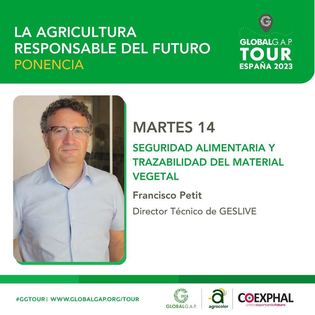 Coexphal's tweet photo. 🚀 GLOBALG.A.P. TOUR 2023 #GGTOUR 📅 14 y 15 de de marzo. @Agrocolor @GLOBALGAP
👉 "Seguridad alimentaria y trazabilidad del material vegetal" por Francisco Petit, director técnico de #GESLIVE.
📲 https://t.co/BEhfGJCbw9
#SeguridadAlimentaria #Trazabilidad #Certificación https://t.co/wfmwG1pz59