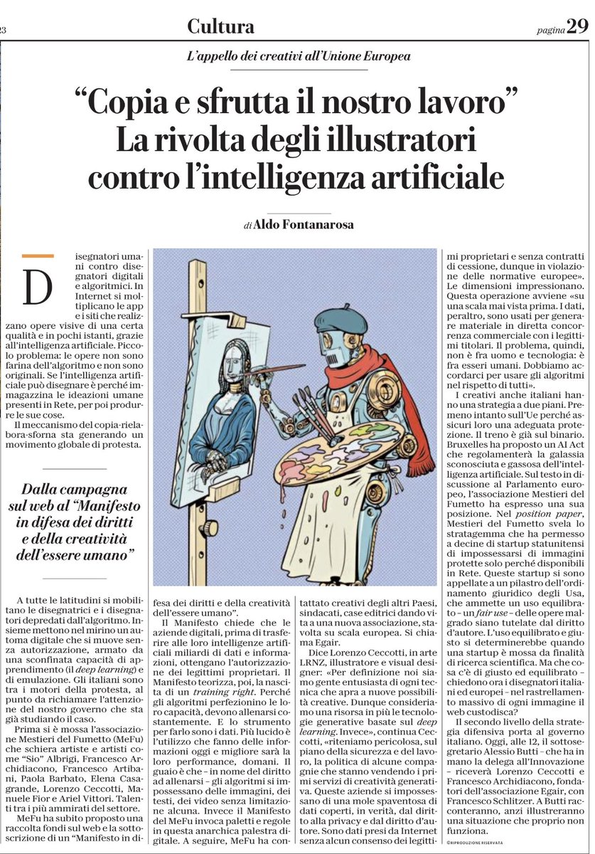 <a href="/verastudio_it/">VERA Studio</a> insieme agli illustratori italiani per la difesa dei diritti delle loro opere anche a livello europeo. La nascita dell'associazione #EGAIR e la battaglia per la regolamentazione dell’#AI nell'articolo di @aldofontanarosa su <a href="/repubblica/">Repubblica</a> ➡️bit.ly/Rep_EGAIR