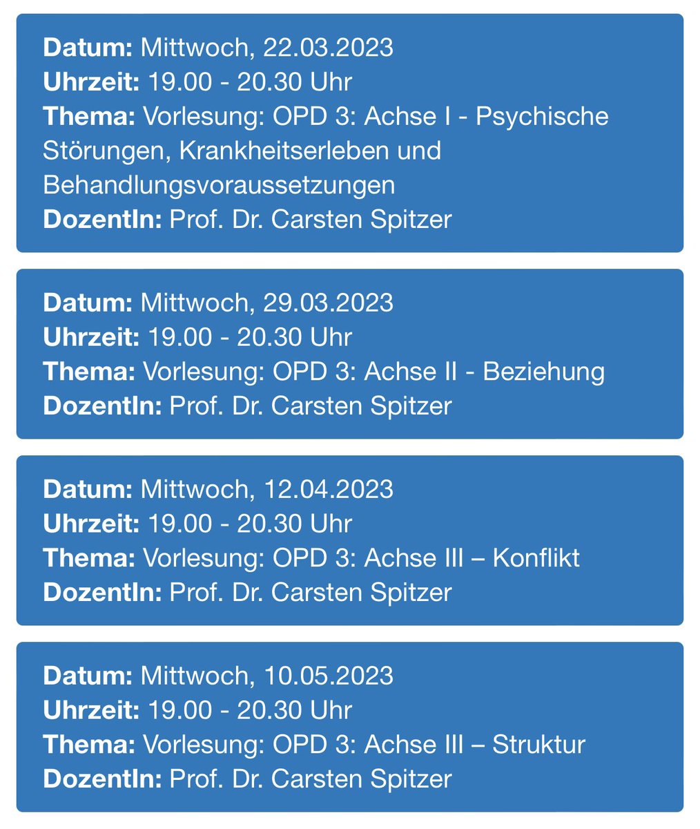 BerlinSfu's tweet photo. Einführung in die OPD-3 mit Prof. Dr. Carsten Spitzer @DFTeV1 🔵 Die TN ist für jene Psychotherapeut*innen in Ausbildung #PiA im Bildungsgang #Tiefenpsychologie an der #SFUBerlin kostenfrei! #OPD #PsychoDiagnostik #Psychodynamik #Psychotherapie 
https://t.co/wy7XvOzWUF https://t.co/dHbhwwD4vH