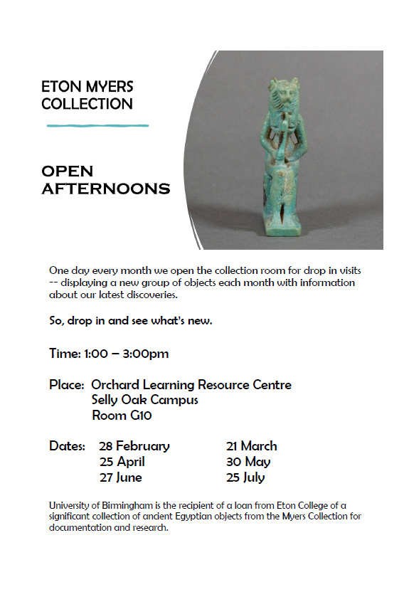 On Tuesday 28th February, the collection will be hosting the first of its series of open afternoons!

No need to book, just drop in to see a selection of our stunning #ancientEgyptian objects, on loan from <a href="/EtonCollMuseums/">Eton College Museums and Galleries</a>.