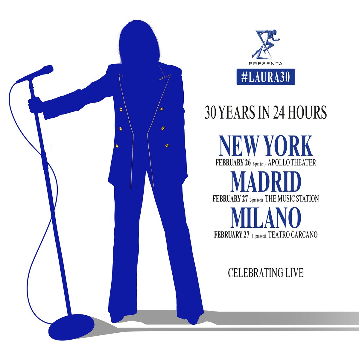 ¡<a href="/LauraPausini/">Laura Pausini</a> ofrecerá 3 conciertos gratuitos en 24 horas para celebrar sus 30 años de carrera! 🎤🎶

📅 26 de Febrero - New York
📅 27 de Febrero - Madrid
📅 27 de Febrero - Milano