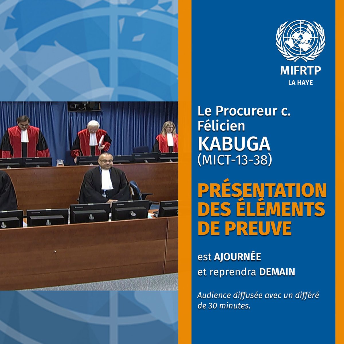 unirmct's tweet photo. Dans l’affaire Le Procureur c. Félicien #Kabuga #MIFRTP, l’audience est ajournée et reprendra demain à 10h CET/12h EAT. Suivez le procès en personne à la division de La Haye/en différé (30 min) sur écran à la division d’Arusha ou en ligne 👉 https://t.co/0F2OJdwnKi https://t.co/aSIC2Sccgi
