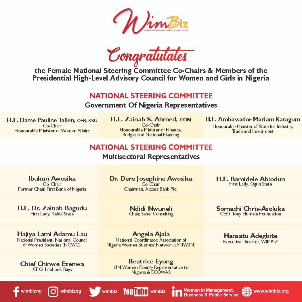 WIMBIZ congratulates all the female members of the Presidential High-Level Advisory Council for Women and Girls in Nigeria.

We wish them a successful tenure as they contribute to nation-building.