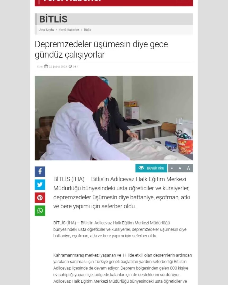 adilcevazhem's tweet photo. Depremzede kardeşlerimiz için yaptığımız üretimleri haber yapan @ihacomtr ve iha haber ajansı muhabiri Orhan EMEN 'e çok teşekkür ederiz 🙏
@Bitlis_Mem @AdilcevazM @YavuzBEKARDE @mebhbogm @Korkmazemin49 @tcmeb https://t.co/vCx6mavKKc