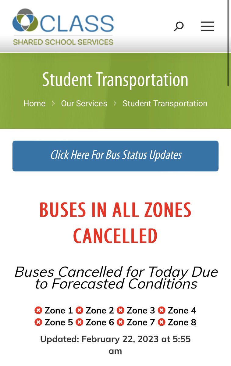 Transportation is cancelled in all zones today. Please drive safely, if you are heading out today. #lkdsb
