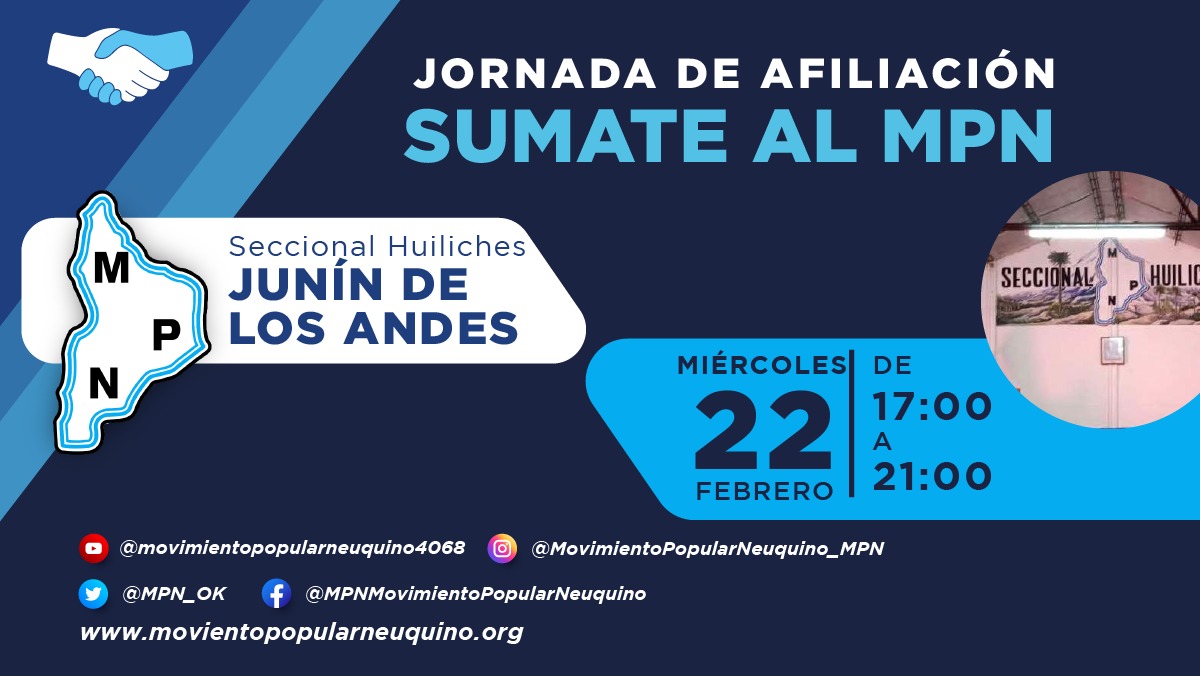 MPN_OK's tweet photo. #JuninDeLosAndes
Estaremos hoy afiliando. #SumateAlMPN y defendamos juntos a #Neuquén.
#MarcosParaNeuquén #16A https://t.co/tHHOYxtBLV