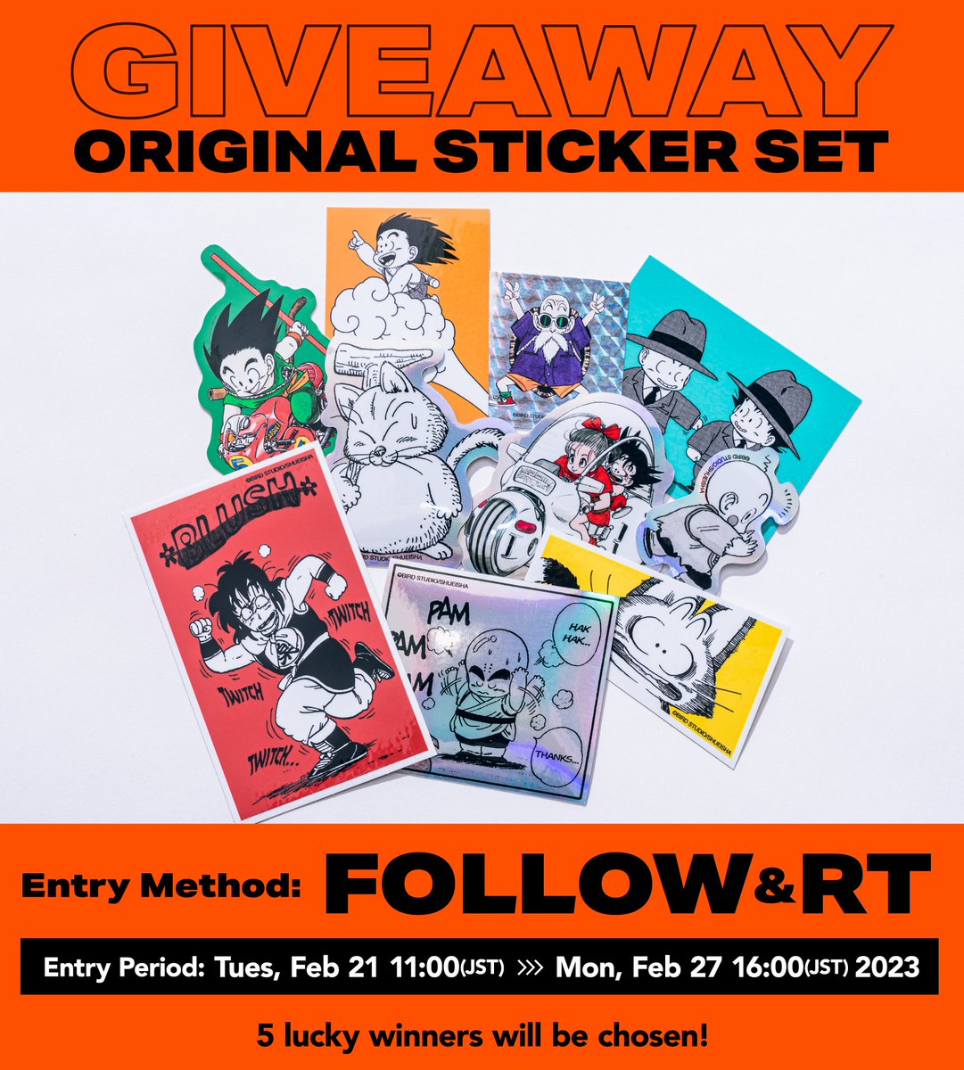 DB_official_en's tweet photo. @db_eventpj \ 4 Days Left! /
To celebrate #battlehour (@db_eventpj), we're giving out original sticker sets to 5 lucky readers!

1. Follow @DB_official_en
2. RT this tweet
*Event period: Tues. 2/21 11:00 - Mon. 2/27 16:00 (JST)
Only USA, Canada (excluding Quebec), and UK residents can enter. https://t.co/tI9LvM3ytd