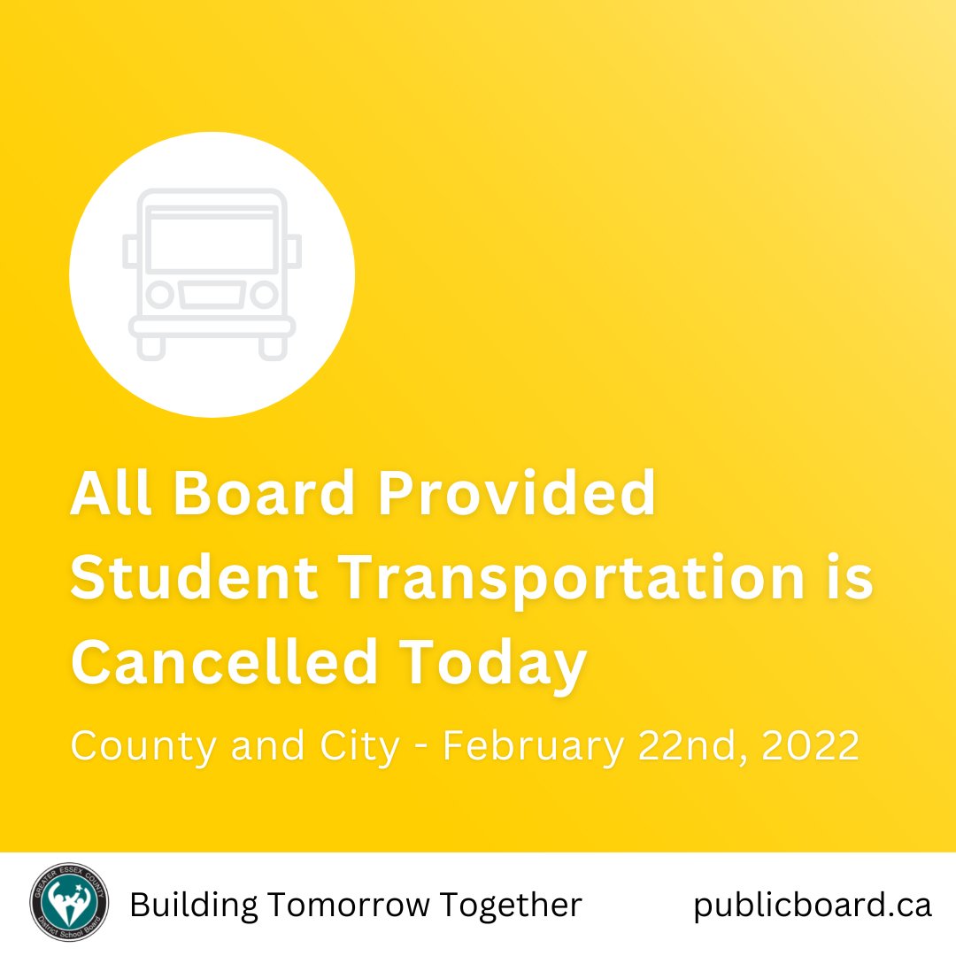 February 22nd, 2023: All Board provided student transportation is cancelled in the city and the county due to the incoming ice storm: bit.ly/3W04nLn