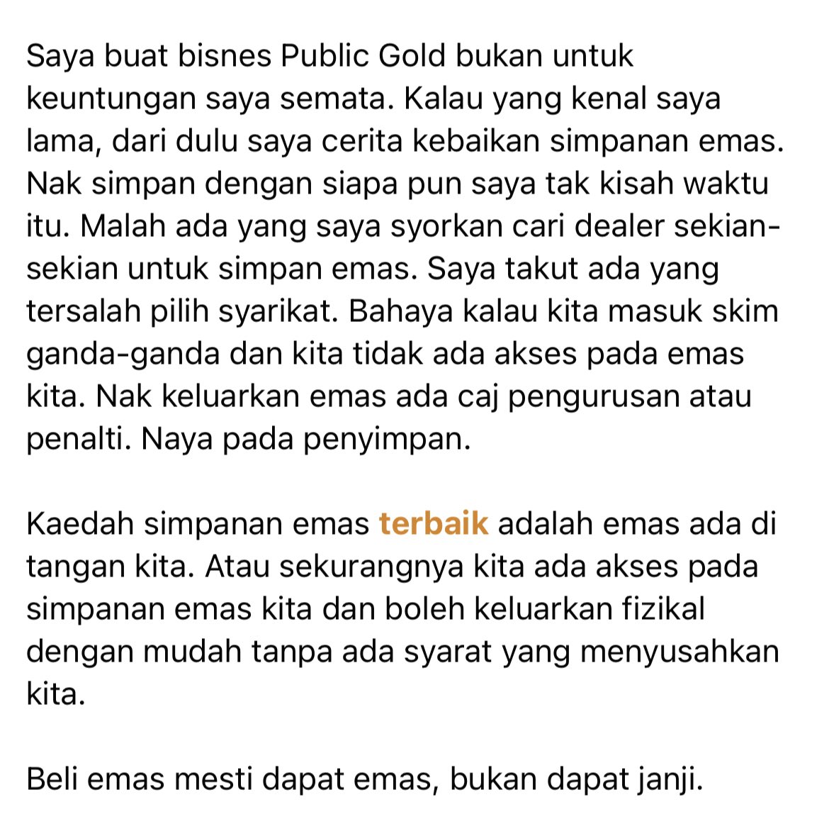 RahmanIsmail_'s tweet photo. Kenapa sarankan orang beli emas Public Gold walaupun komisen kecil? Kenapa bukan syarikat emas lain?
Ini perkongsian oleh business partner saya dalam Public Gold, seorang pemilik business tapak perniagaan dan collectors hotweels sebelum beliau kenal Public Gold. https://t.co/bHaxgFCZT6
