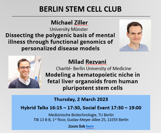 Join the Berlin Stem Cell Club, onsite/ hybrid, on 2 March 16:15 - 17:30 + drinks 19h. Talks from @MichaelZiller5 and Milad Rezvani! Info and Zoom bit.ly/GSCN-BSCC #stammzellen #stemcells #diseasemodels @SinaBartfeld @TUBerlin @MDC_Berlin @ChariteBerlin @berlinnovation