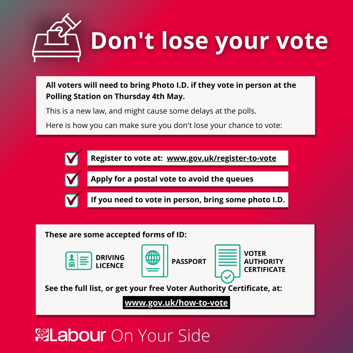 The Tories' new voting law risks costing millions their chance to vote, as they try to desperately cling to office.

Keep your voice by registering for a free postal vote before April 17th.
postalvote.labour.org.uk

#VoterID #VoterSupression #democracy #ToryCorruption