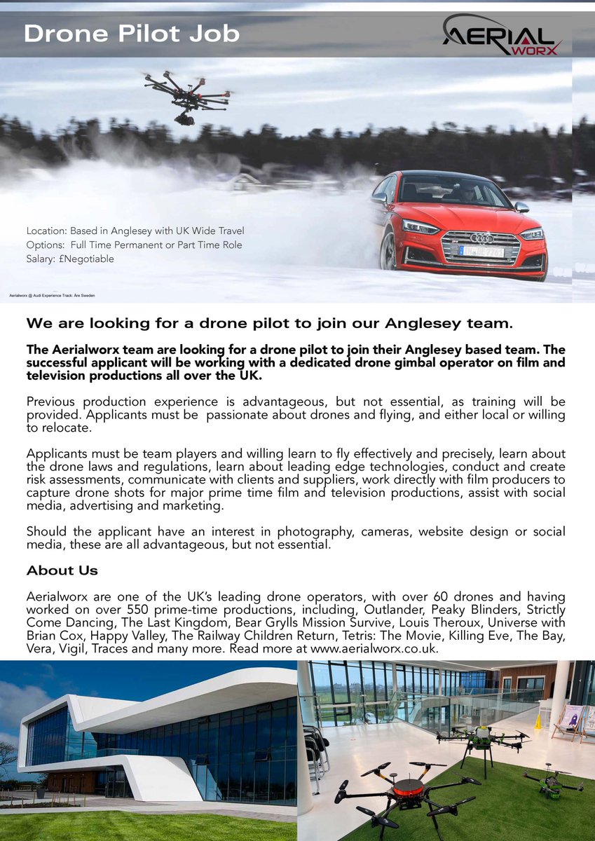 We're looking for a drone pilot to join our Anglesey based team. The successful applicant will work with a dedicated team on Film and
TV productions all over the UK. aerialworx.co.uk
#cymru #wales #ynysmôn #gogleddcymru #gwynedd #anglesey #gyrfaoedd #northwalesjobs