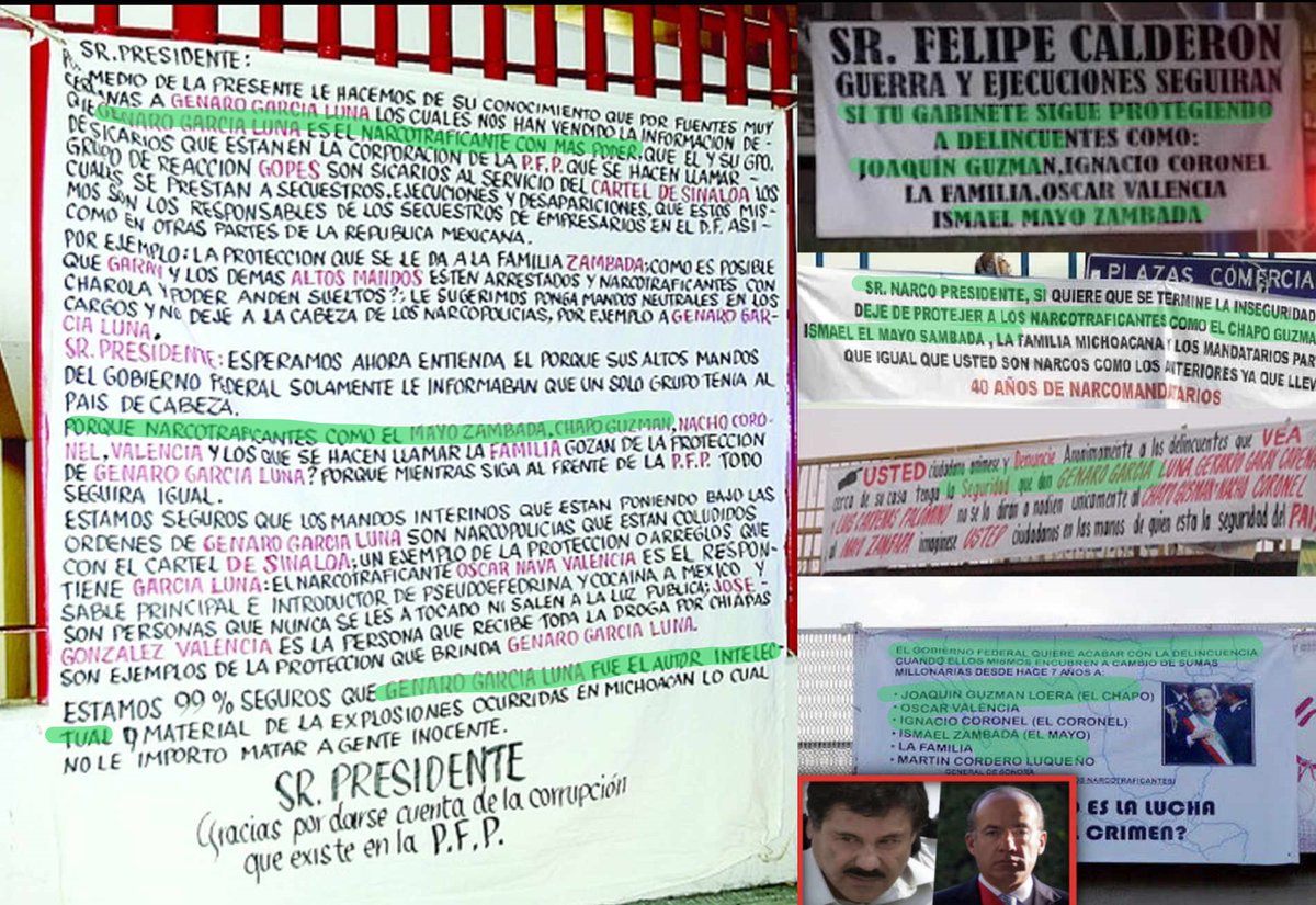 ChicShion's tweet photo. Los narcos siempre dijeron la verdad en sus nacomantas!!

1. Genaro Garcia era el narco mas poderoso

2. Calderon y él daba protección a El Cartel de Sinaloa, en especial a El Chapo y Los Zambada

3. La policía federal era un cartel liderado por Garcia Luna y Cardenas palomino https://t.co/5udMmdv8ET
