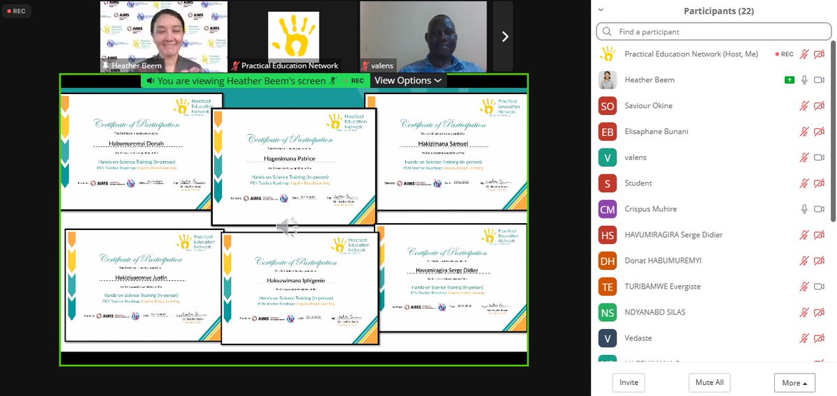 PEN_ed's tweet photo. We held our maiden Certificates Awards Ceremony online for a cohort of Rwandan teachers who successfully completed our training on Inquiry-Based Learning. Thanks to our partner @AIMS_Rwanda &amp; funder @ITU.  1/2
#HandsOnMindsUp
#stemeducation
#localmaterials https://t.co/b4RWYBm8wO