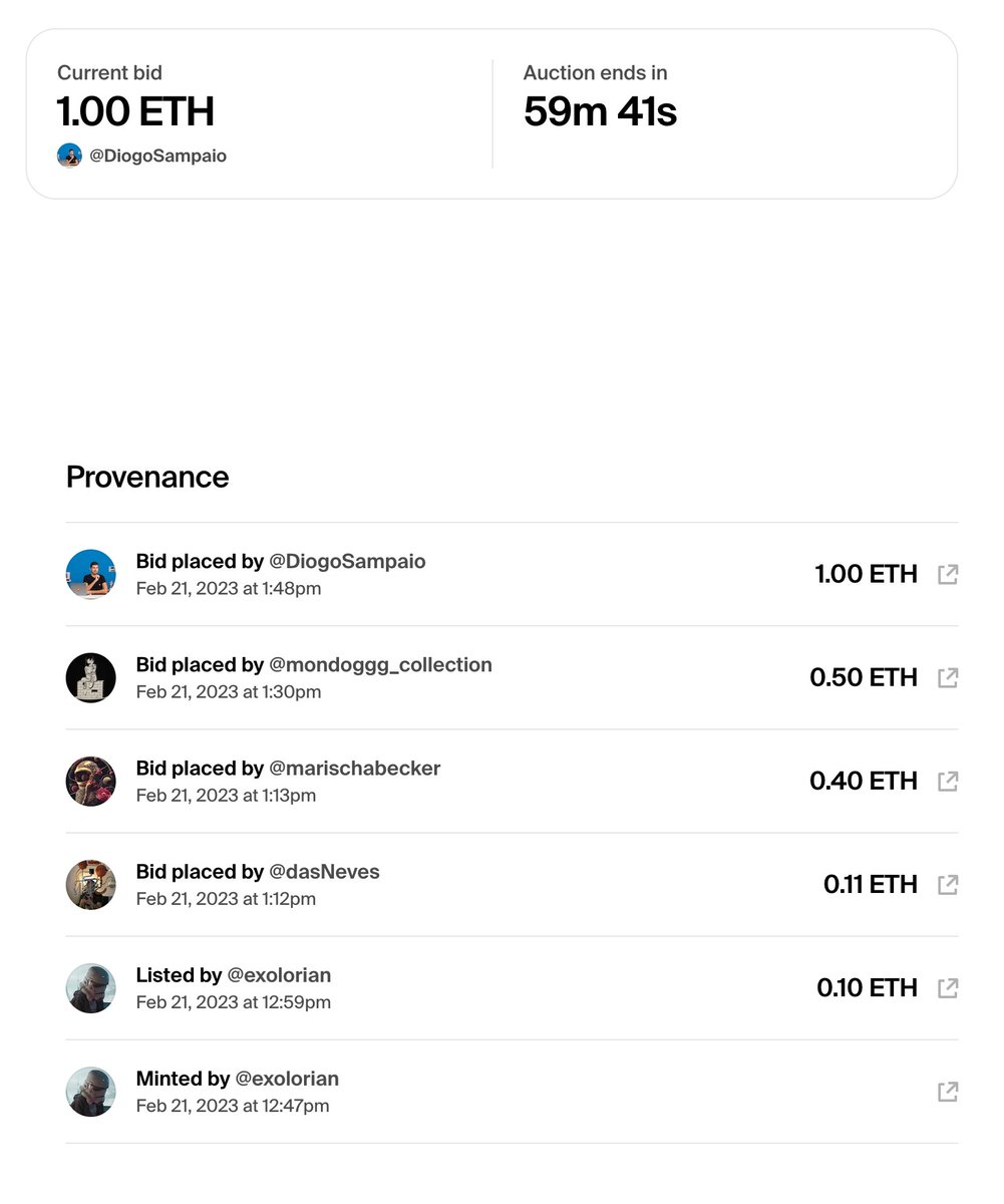 Exolorian (@exolorian) on Twitter photo 1H Left... ⏰
We are towards the end of the "Journey" =)
Led by <a href="/diogosampaioART/">Diogo Sampaio</a> with a 1ETH bid! 👊🏽
Bidders 💎:
<a href="/dasNeves_vfx/">dasNeves</a> <a href="/MarischaBecker/">Marischa Becker</a> and <a href="/mondoggg/">Mondoggg</a> 1H Left... ⏰
We are towards the end of the "Journey" =)
Led by <a href="/diogosampaioART/">Diogo Sampaio</a> with a 1ETH bid! 👊🏽
Bidders 💎:
<a href="/dasNeves_vfx/">dasNeves</a> <a href="/MarischaBecker/">Marischa Becker</a> and <a href="/mondoggg/">Mondoggg</a>