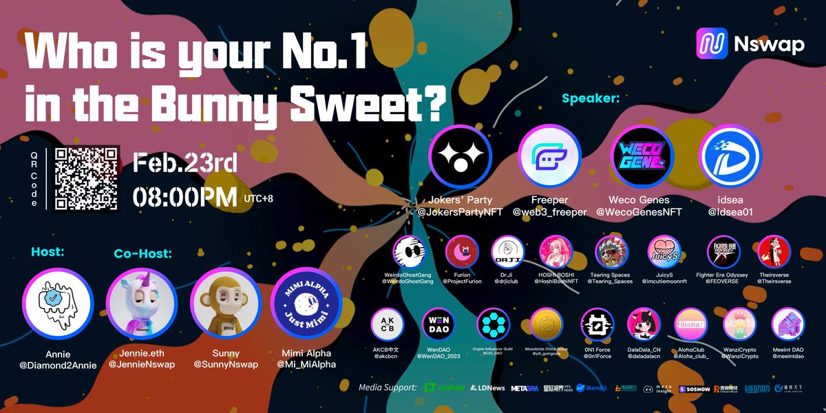 Join our Twitter Space for the reveal of Cosplay Contest 
🧾Topic: Who is your No.1 in the Bunny Sweet
⏲️Time: 20:00, Feb. 23rd, UTC+8
🎙️Host: @Diamond2annie @jennienswap <a href="/SunnyNswap/">SunnyWen🍌</a> <a href="/Mi_MiAlpha/">MiMiAlpha</a> 
🎤Speakers: 👇 
🔗Link: x.com/i/spaces/1mnxe…

#nswap