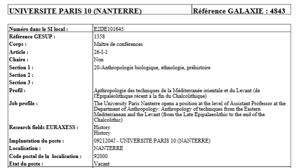 Rejoignez l'@UParisNanterre et l'équipe @AnTET_ArScAn en postulant au poste de MCF ouvert cette année au concours : Anthropologie des techniques de la Méditerrannée orientale et du Levant (Epipaléolithique à fin Chalcolithique). On vous attend avec impatience !