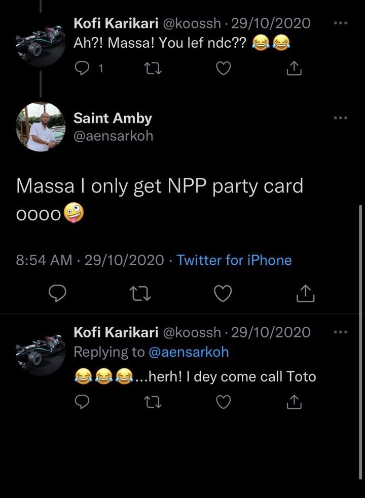 @maryno13 @madamseyram @KanninFaustilov Ambrose is welcomed in the Ndc but for now, we can’t trust him with leadership so he should join the queue . Some one who campaigned for NPP in 2020 and confirmed in October 2020 that he had only NPP card cannot be a PC in NDC in 2023..

He should JOIN THE QUEUE
