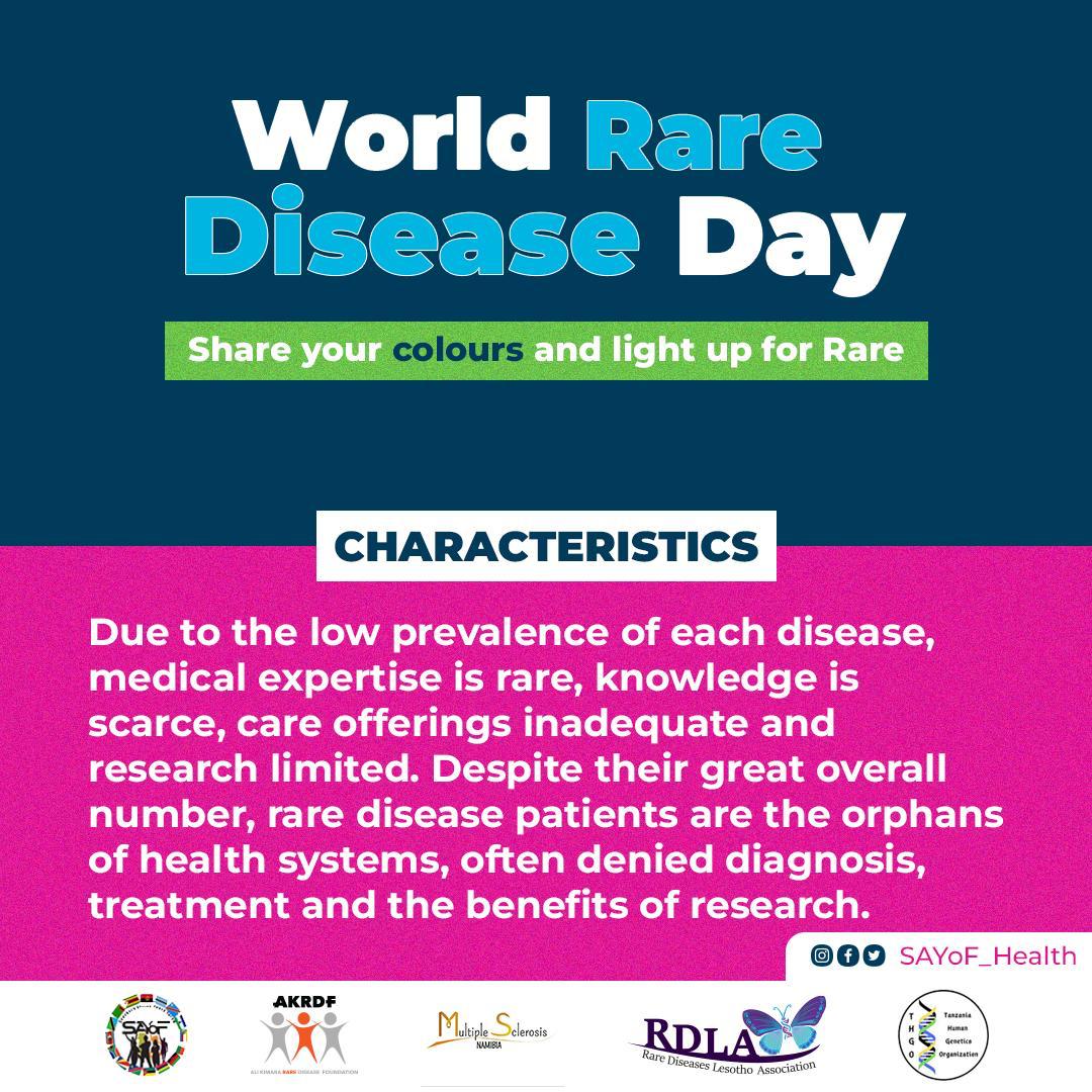 RARE DISEASES 

These are diseases that affect a small percentage of the population, with around 72% of them being caused by genetic factors.

Learn more from the posters

#RareDiseasesDay 
#RareDiseasesDay2023 
#RDD2023
#ShowYourStripes 
#ShareYourColours
#LightUpForRare
