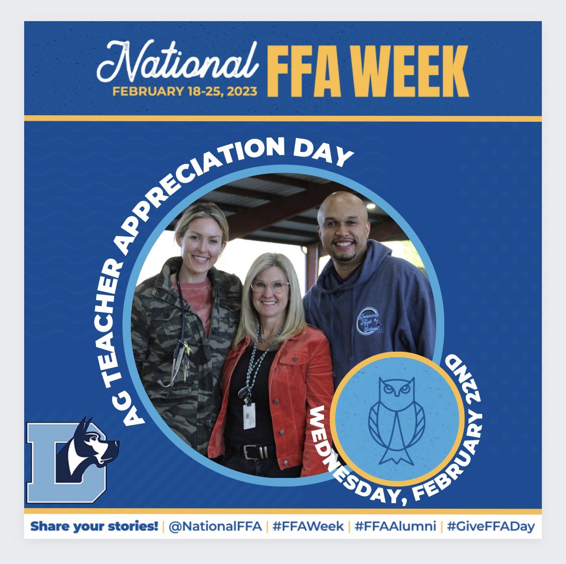 DHSVetScience's tweet photo. Happy Advisor Appreciation Day!! FFA advisors make a difference every day in members' lives. Today, as part of FFA Week, we’re celebrating our wise old owls who helped us get where we are today!
➢#TEACHAG##FFAWeek#FFAWeek23#AgTeacher#Ag#FFA #Agriculture #FFAAdvisor #FFATeacher https://t.co/1tohoQQkem