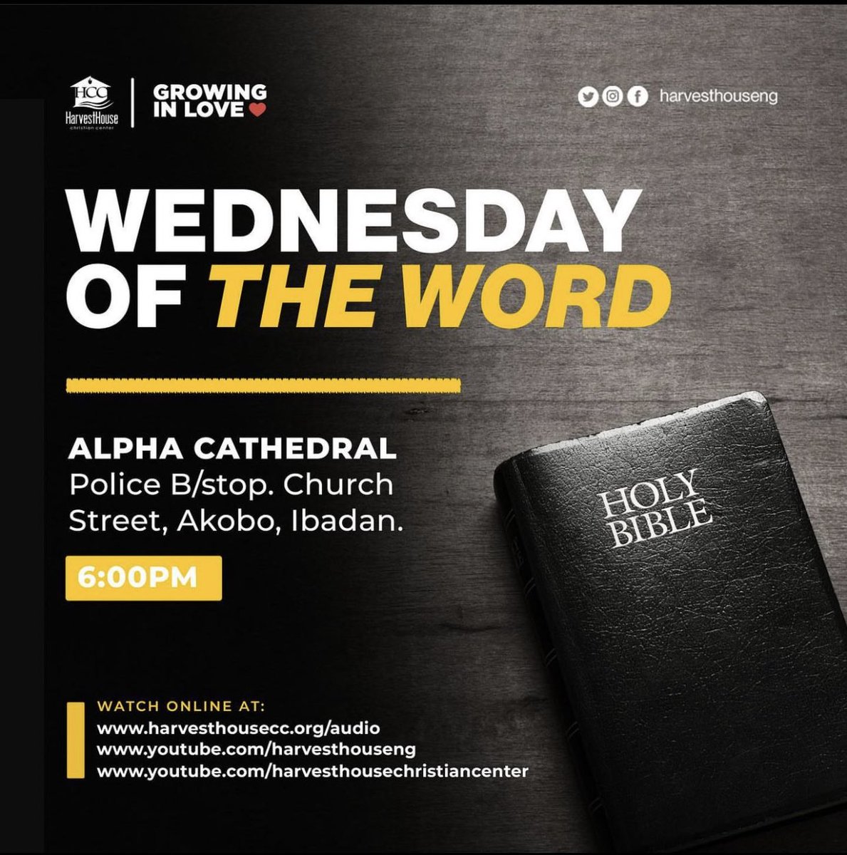 harvesthouseng's tweet photo. #WordHuntService holds today at the Alpha Cathedral. Don’t miss out on what God will be doing in this service. Time is 6PM.
#GrowinginLove 
#HarvestHouseNation https://t.co/inXpUDgkCy