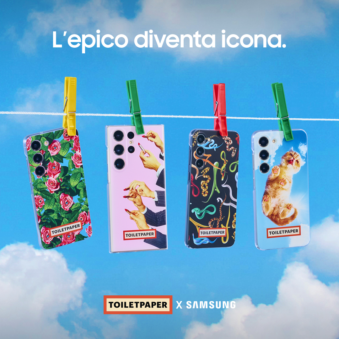 SamsungItalia's tweet photo. Trasforma il tuo nuovo #GalaxyS23 in un accessorio unico grazie alle cover #ToiletPaperMagazine. Per uno stile inimitabile che cattura all’istante l’attenzione. https://t.co/w4HBX2ISjw https://t.co/Y7mSHwOG7e
