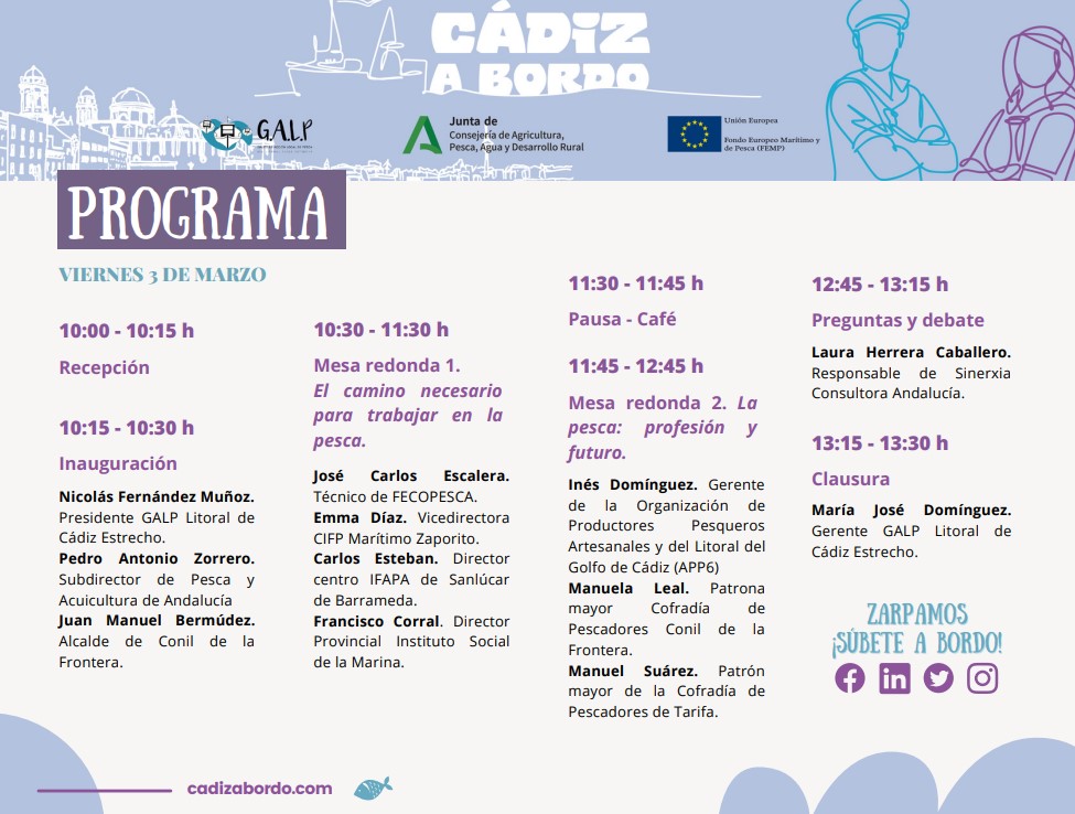 Os dejamos la información de estas interesantes Jornadas de Puertas Abiertas de <a href="/cadizabordo/">Cádiz a Bordo</a>. El 3 de marzo en La Chanca, Conil de la Frontera. ¡No os las perdáis! Se hablará sobre el presente y el futuro de la #pesca #economiaazul #sostenibilidad #innovacion #turismomarinero