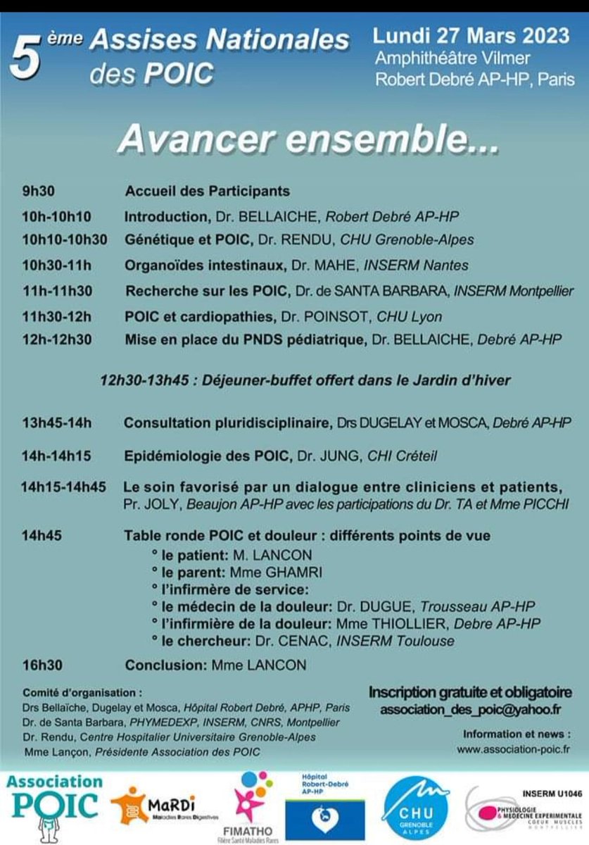 assopoic's tweet image. 5eme Assises des POIC- Hôpital Robert-Debré Paris - 27 mars 2023 - inscriptions gratuites - uniquement ouvert aux professionnels de santé et de la recherche. 

#poic #assopoic #maladieorpheline #maladierare #congresmedical #recherchemedicale #pipo #cipo #fimatho