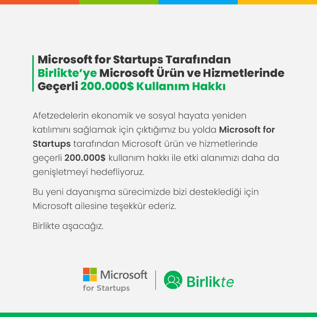Bu yeni dayanışma sürecimiz de bizi desteklediği için Microsoft ailesine teşekkür ederiz.

Birlikte aşacağız. 💪🤝

#Birlikte #birlikteaşacağız #birliktebaşaracağız