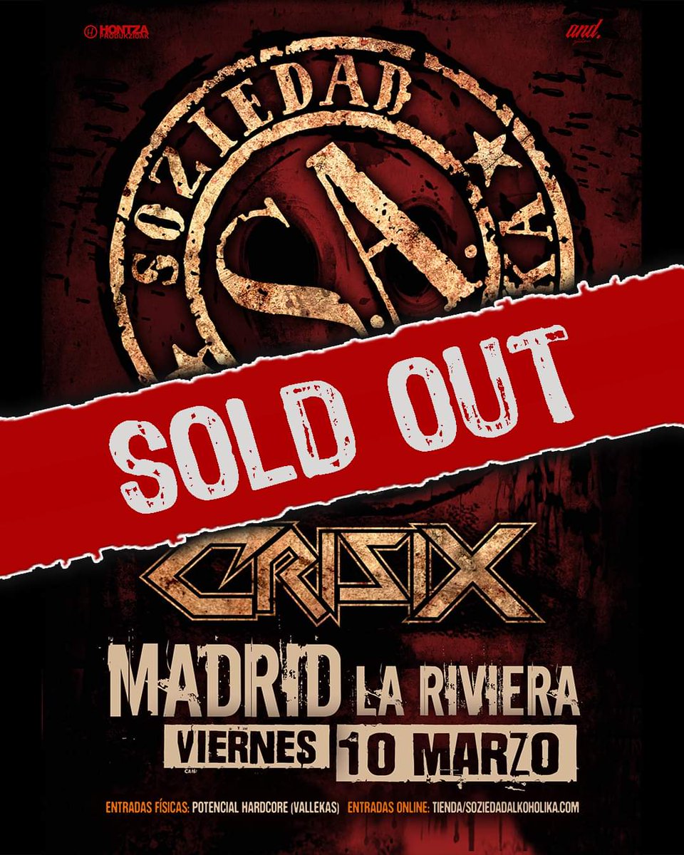 Atención Madrid!
las entradas para el concierto en Sala La Riviera  el 10 marzo, junto a los Crisix , se han agotado y no habrá en taquilla.
Va a ser épico peña!!! 
#SoziedadAlkoholika
#Crisix