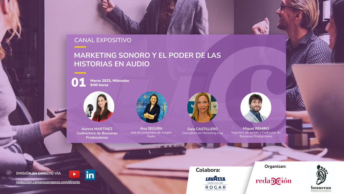 camarazaragoza's tweet photo. 🔊¿Conoces #ElPoderDeLasHistorias en audio aplicadas a tu marca? ¿Las catas sonoras?¿Nuevos formatos sonoros más allá del podcast corporativo? ¡Descúbrelos! #MarcaYSonido #MarketingSonoro @bosnerau @aragonradio @SomosUup📆01/03⏰9.00📝https://t.co/gH2h2QVbQD #Lavazza https://t.co/2JAAtD0mtC