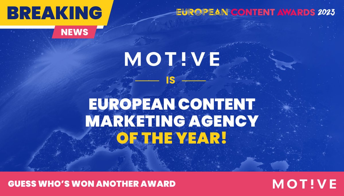 motivepr's tweet photo. We've won the BIG ONE! Motive is Content Marketing Agency of the Year at the European Content Awards 2023. Huge thank you to all the judges! #EUcontentawards https://t.co/FXUT4BXTCN