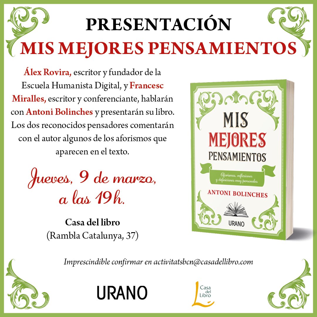 Marzo viene cargado de #novedades. Si estáis en #Barcelona el día 9 os invitamos a asistir a la presentación de lo nuevo de <a href="/AntoniBolinches/">Antoni Bolinches</a> en <a href="/casadellibro/">Casa del Libro</a> ¡No os lo perdáis!