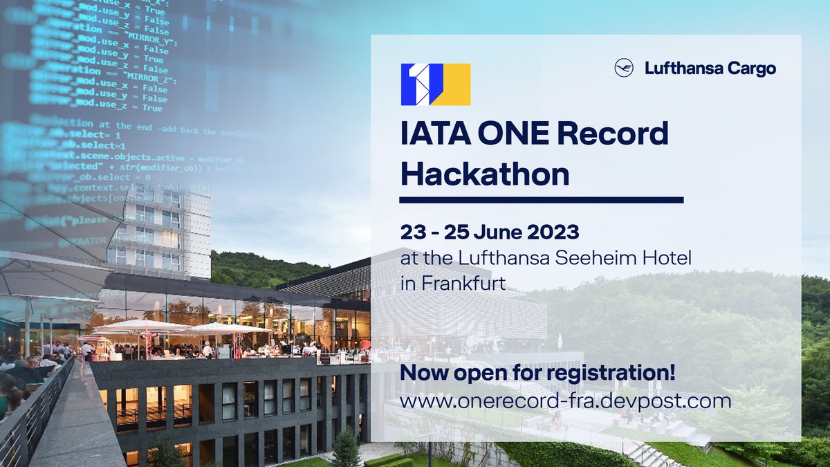 📣 To innovators:  if you want to contribute to digitalize #aircargo ✈️ building solutions around the #IATAONERecord data sharing standard, join our next Hackathon, hosted by @Lufthansa cargo in Frankfurt 🇩🇪 .

👉 bit.ly/3SnEB3z
Registration closes on 23 April