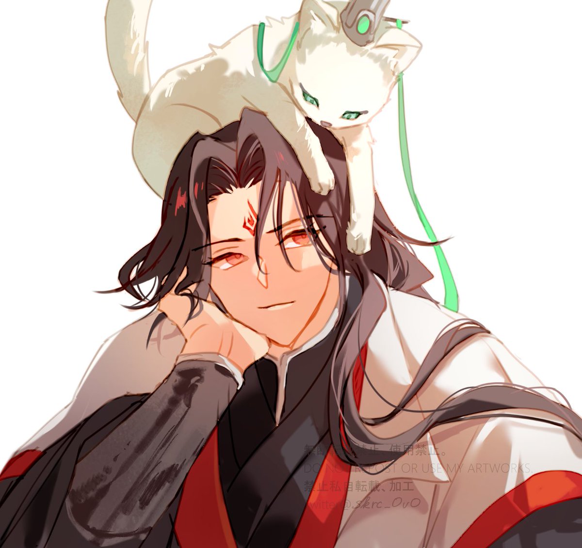 male focus 1boy chinese clothes cat black hair long hair red eyes  illustration images