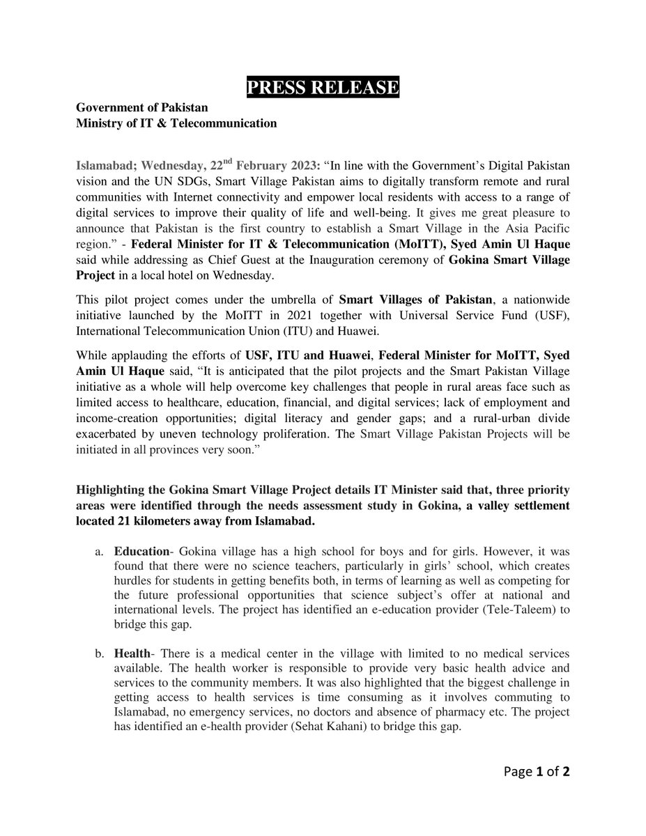 MoitOfficial's tweet photo. Gokina Smart Village Project 

"It gives me great pleasure to announce that Pakistan is the first country to establish a Smart Village in the Asia Pacific region." @SyedAminulHaque https://t.co/NScAi8fbYi